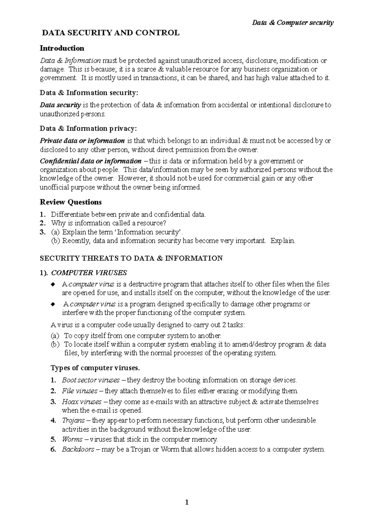 Data security - Lecture notes 8 - Data & Computer security DATA ...