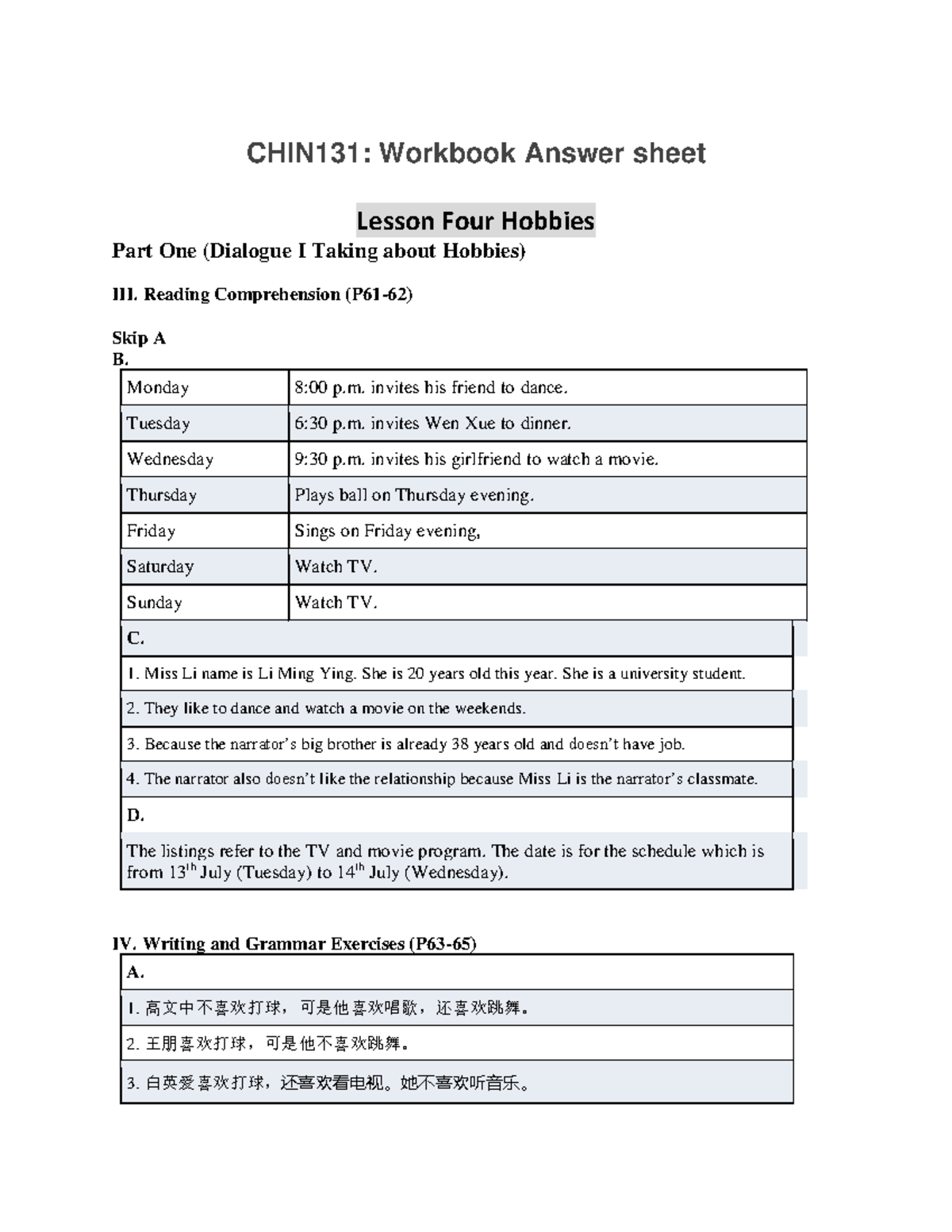 CHIN131 L4-1 answer sheet - CHIN131: Workbook Answer sheet Lesson Four ...