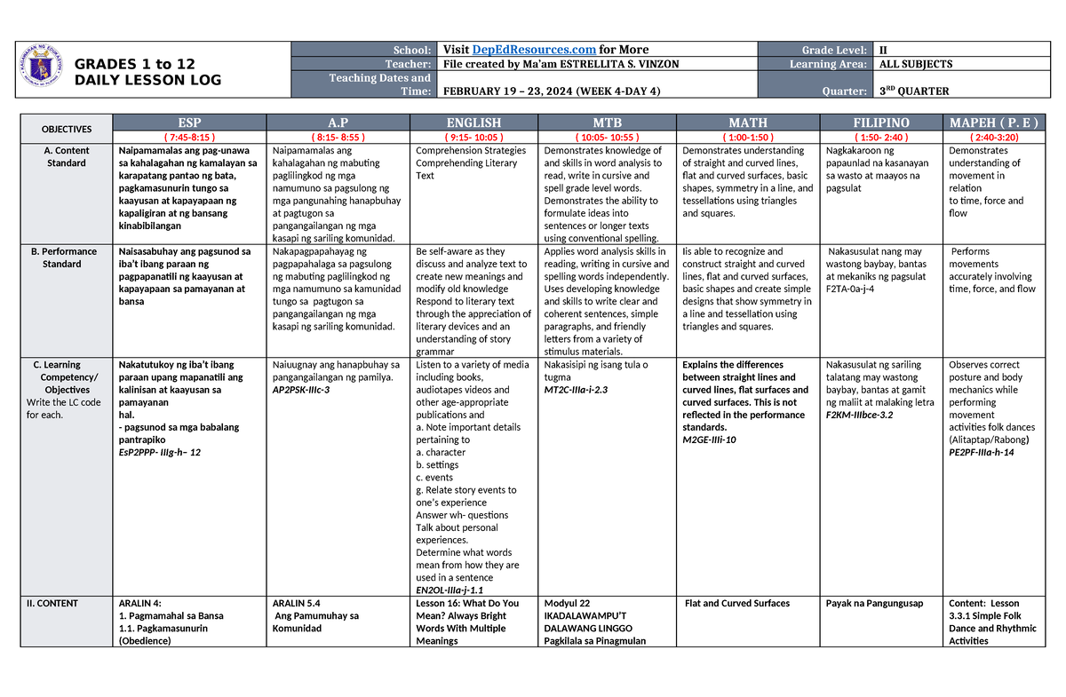 DLL ALL Subjects 2 Q3 W4 D4 - GRADES 1 to 12 DAILY LESSON LOG School ...