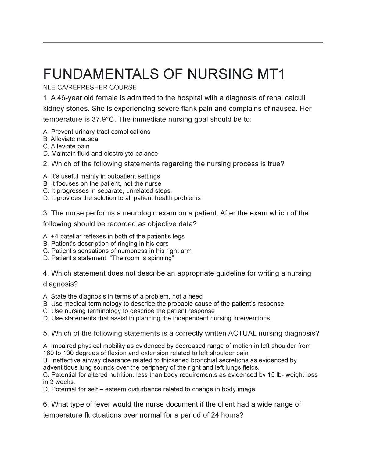 Fundamental final - FUNDAMENTALS OF NURSING MT NLE CA/REFRESHER COURSE ...