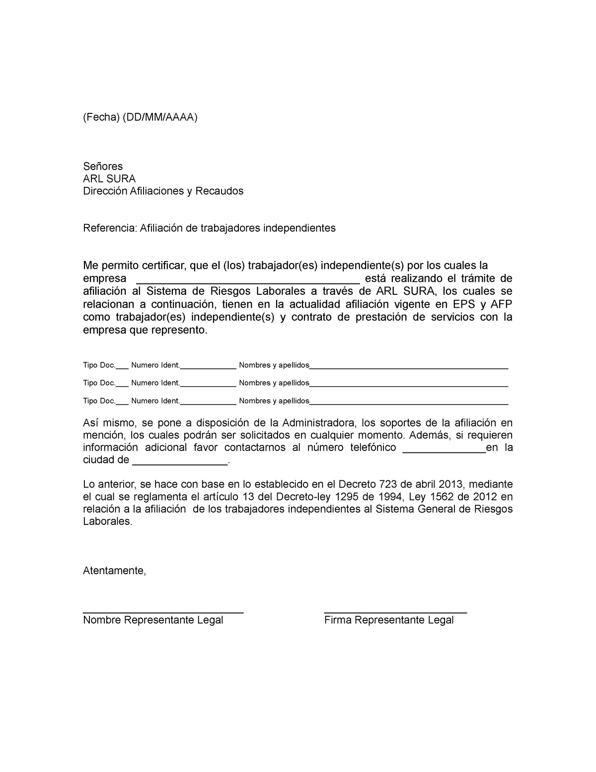 Formato Carta Afiliacion Trabajadores Independientes Fecha Ddmm