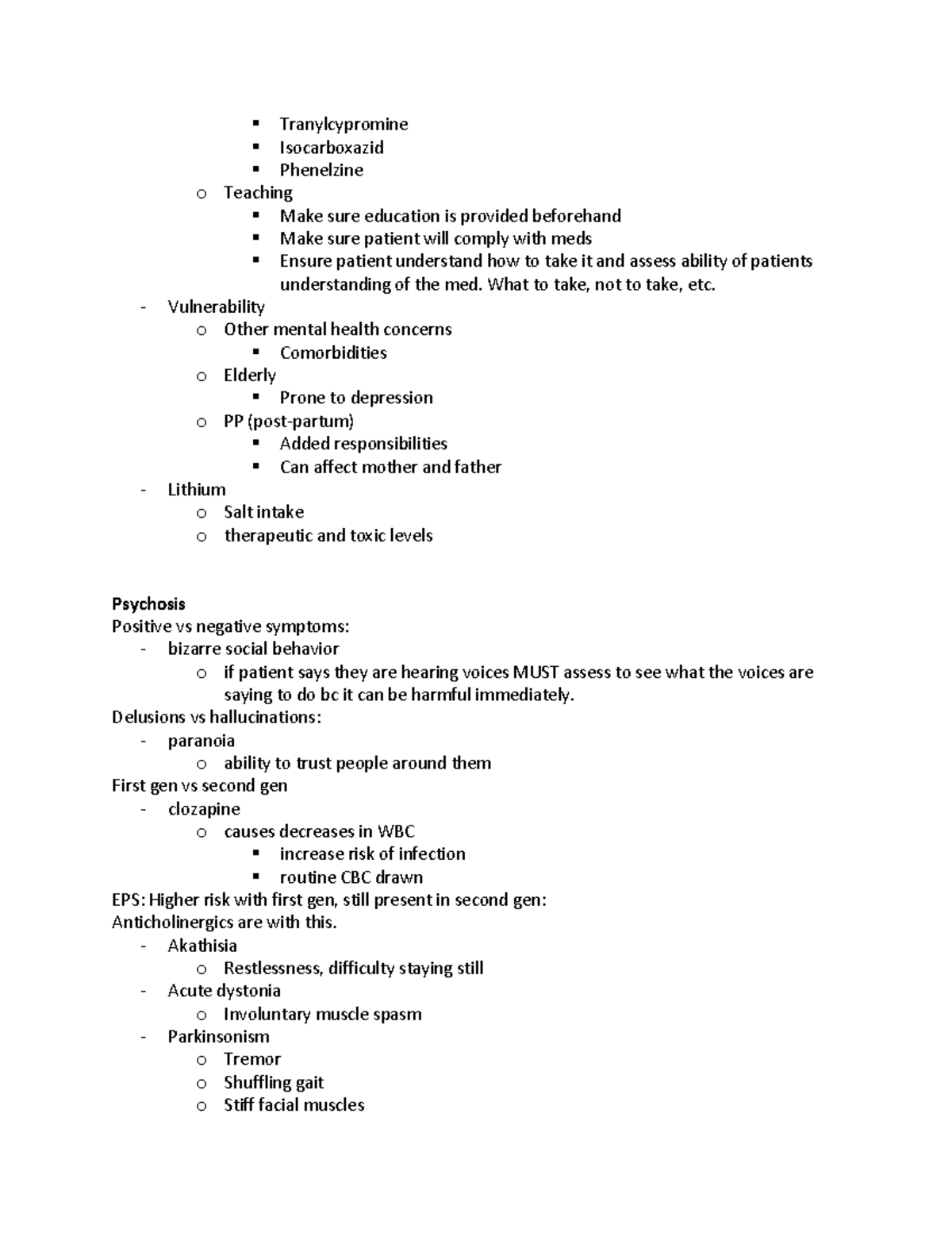 Mental Health HESI Notes 2 - § Tranylcypromine § Isocarboxazid ...