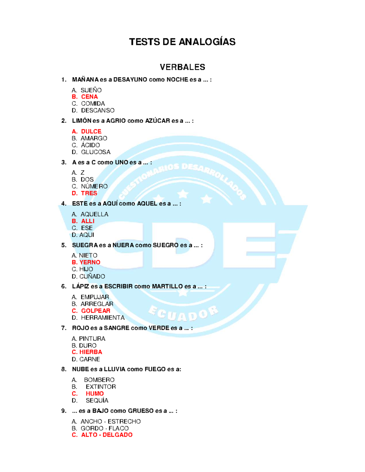 12 Tests DE Analogías 2020 Respuestas - TESTS DE ANALOGÍAS VERBALES 1 ...