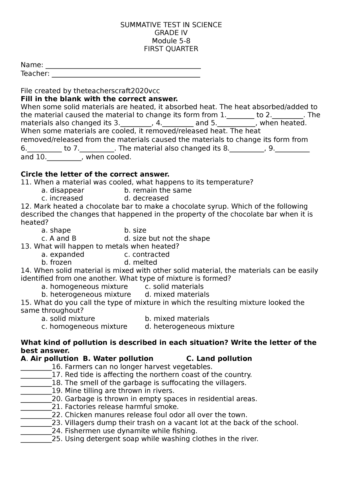 Summative TEST IN Science - SUMMATIVE TEST IN SCIENCE GRADE IV Module 5 ...