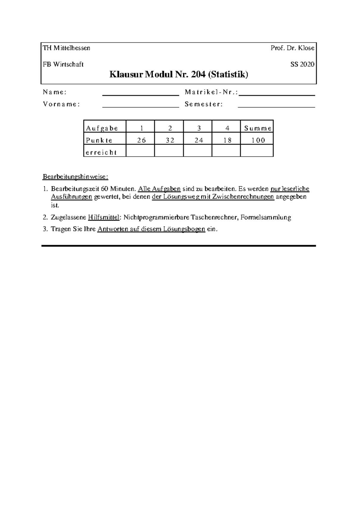 Klausur Statistik SS 20 Lösung 2 - TH Mittelhessen Prof. Dr. Klose FB ...