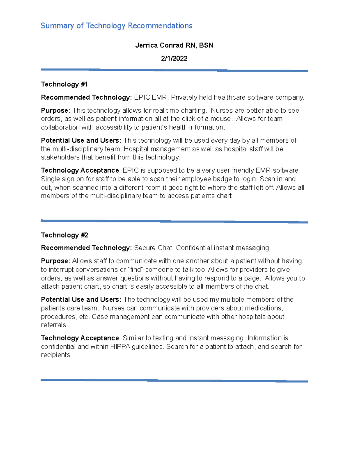 Technology Summary - Summary of Technology Recommendations Jerrica ...