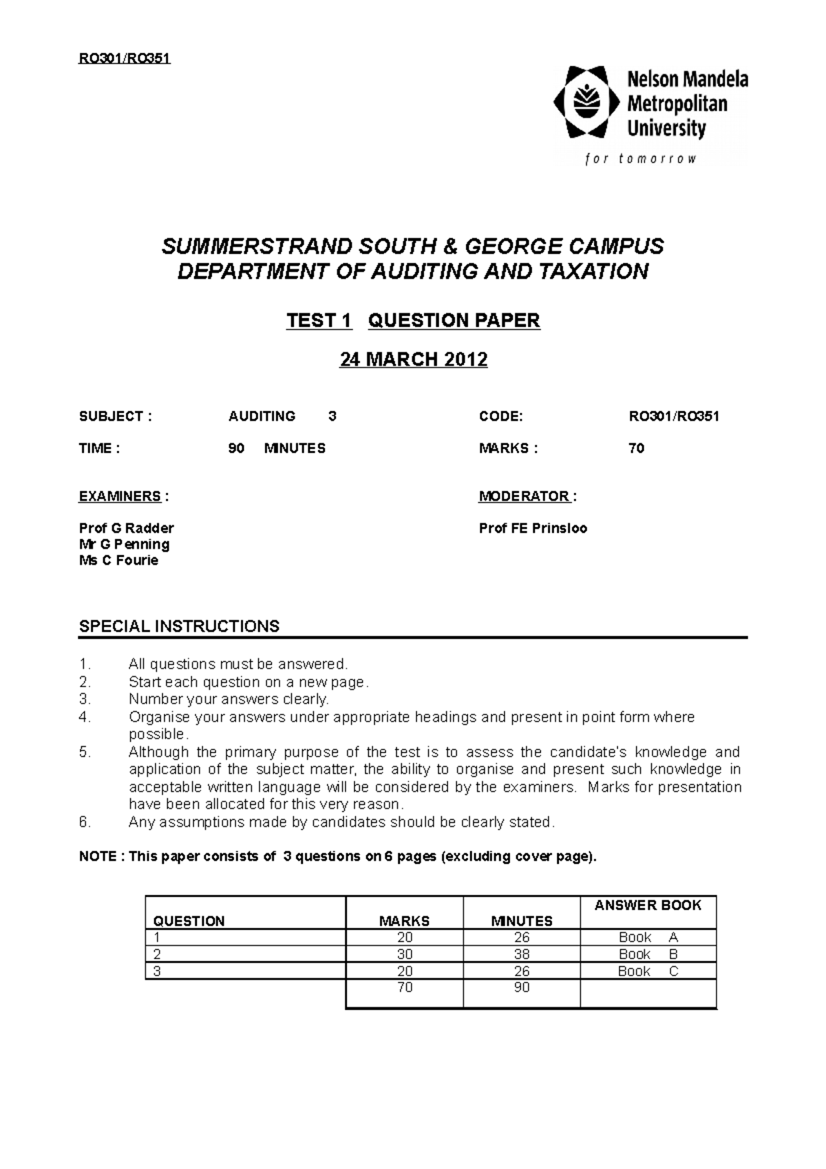 2012 - RO301 Test 1 Questions - SUMMERSTRAND SOUTH & GEORGE CAMPUS ...