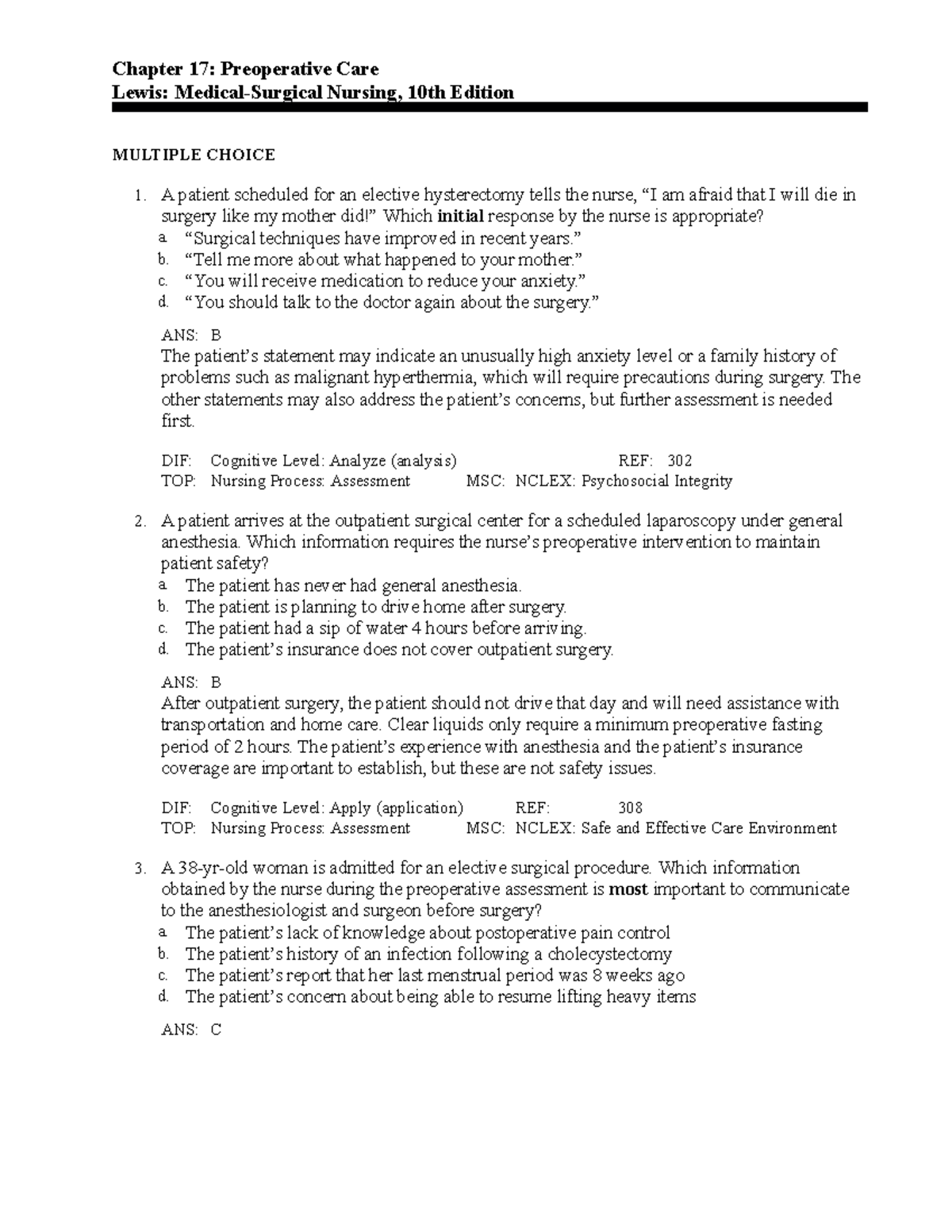 C17 - ch 17 test bank - Chapter 17: Preoperative Care Lewis: Medical ...