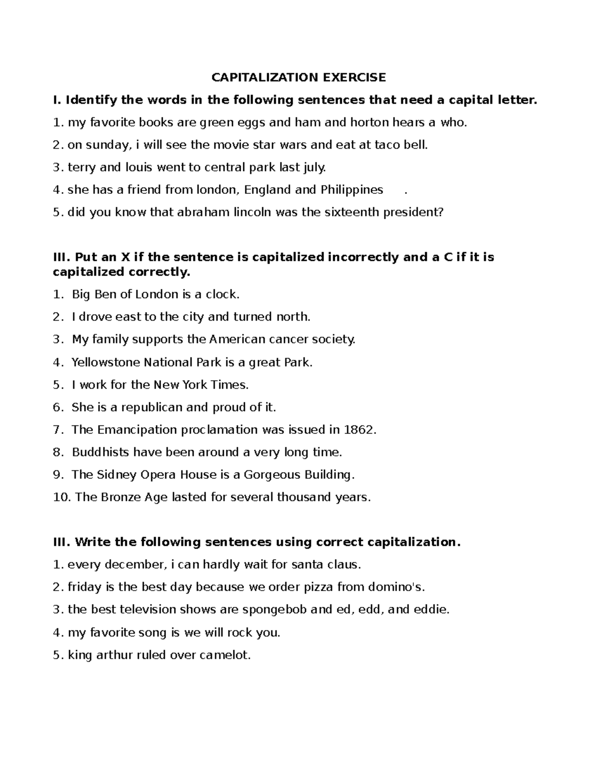 Capitalization Exercise - CAPITALIZATION EXERCISE I. Identify the words ...