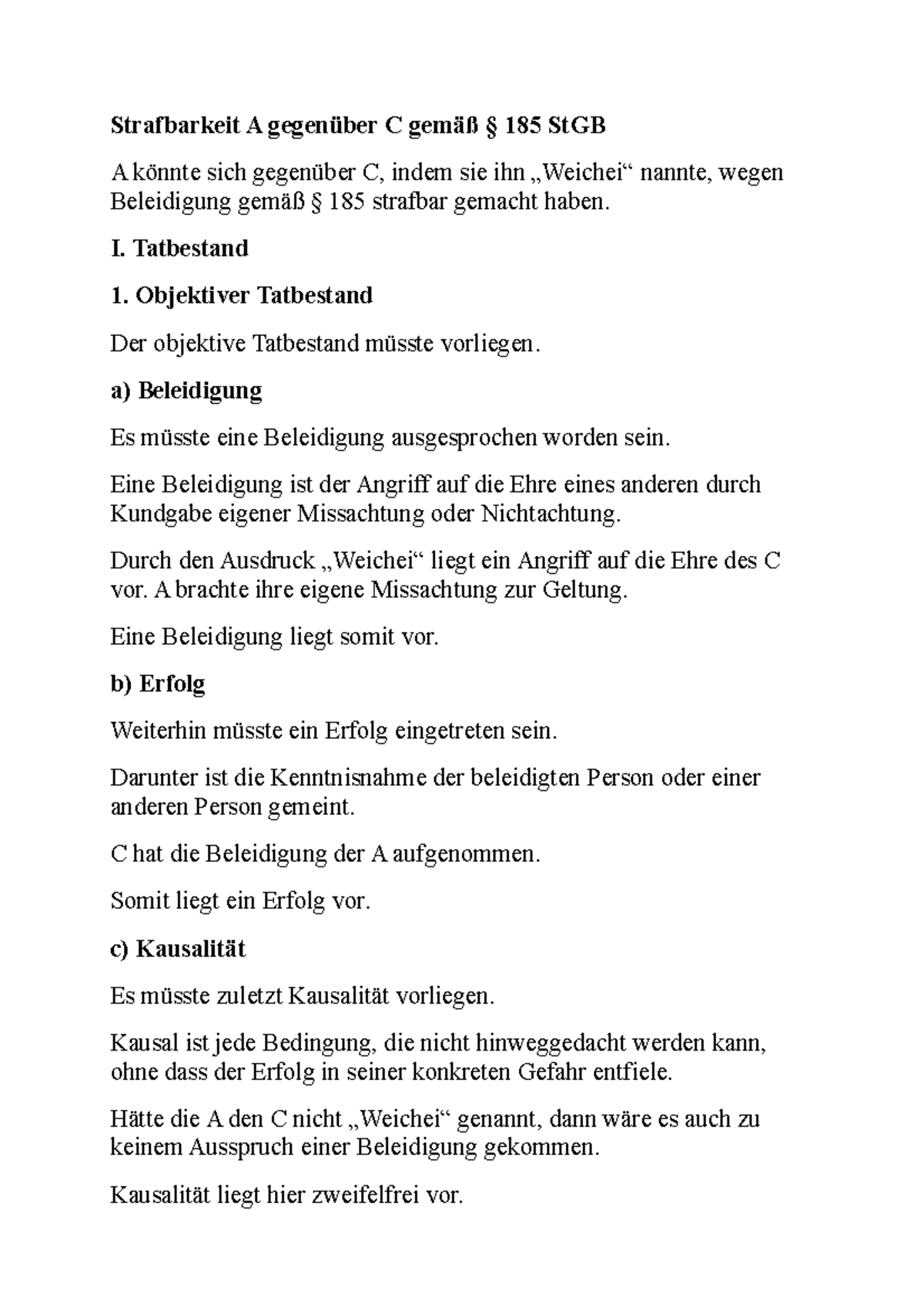 Beleidigung - Schemata zum Strafrecht AT - Strafbarkeit A gegenüber C ...