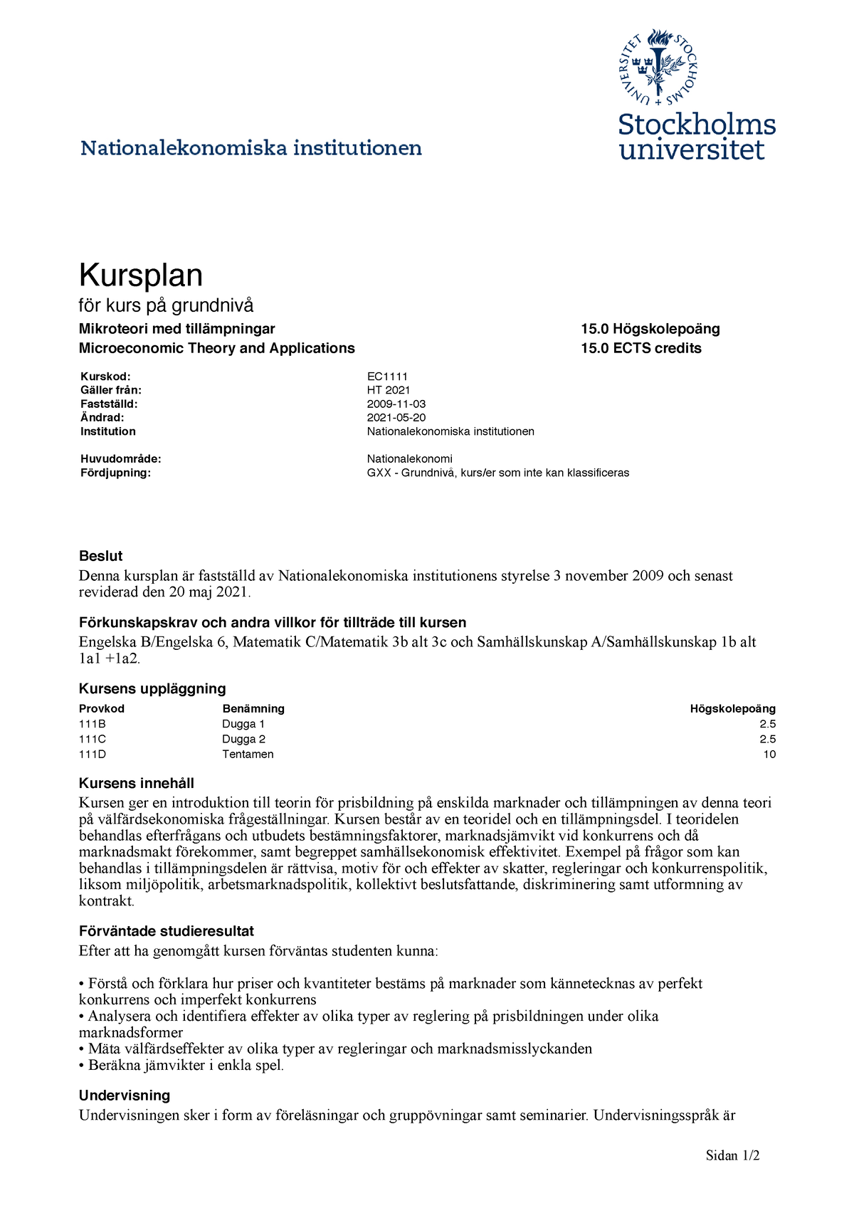 Kursplan EC1111 Mikroteori Med Tillämpningar-HT23 Sisuid 68571 ...