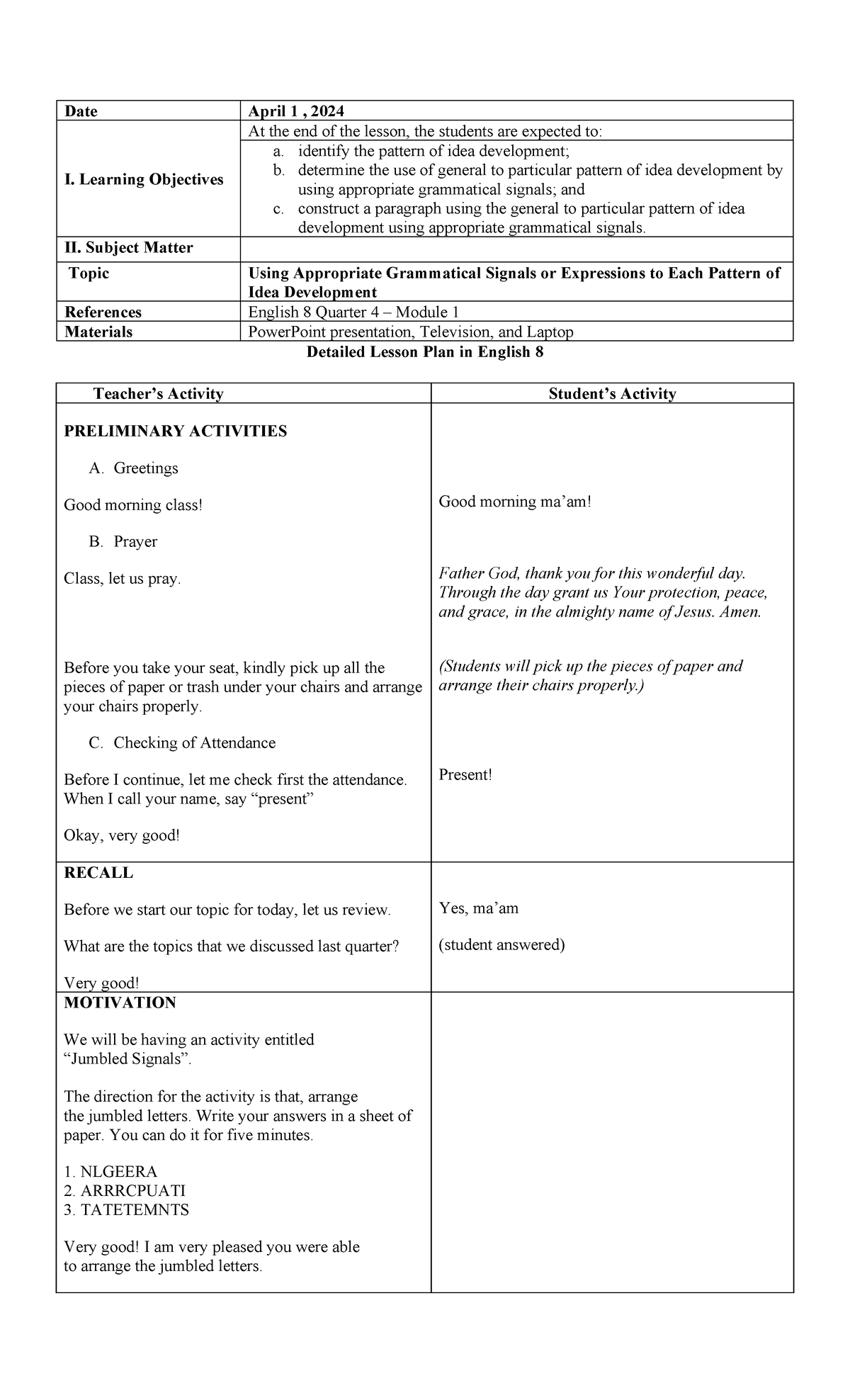 Lesson 1 - Date April 1 , 2024 I. Learning Objectives At the end of the ...