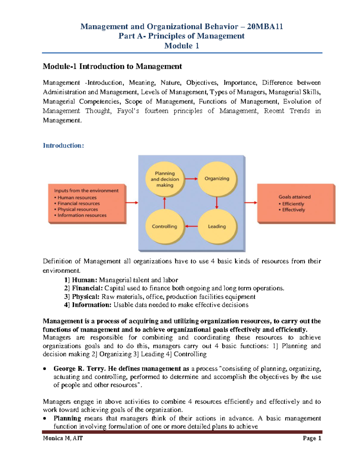 Module 1 Notes-M&OB-20MBA11 - Management And Organizational Behavior ...