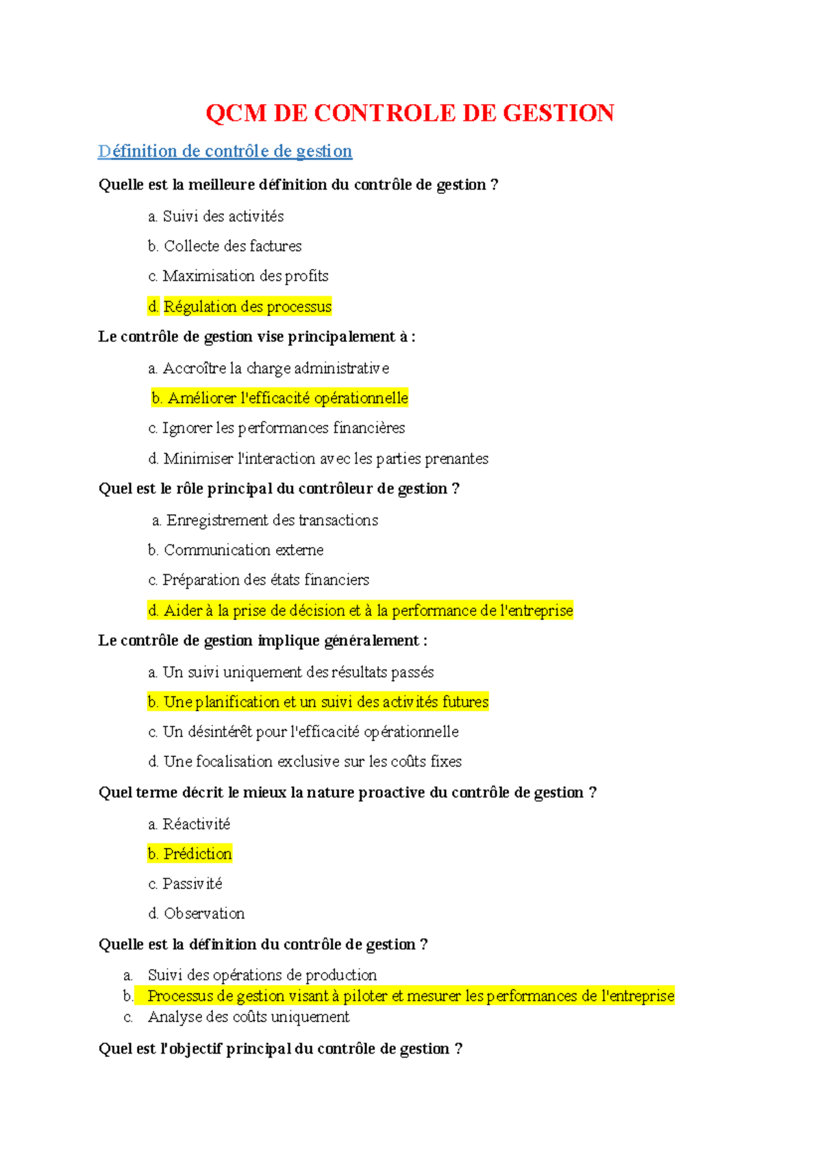 QCM controle de gestion - QCM DE CONTROLE DE GESTION Définition de ...