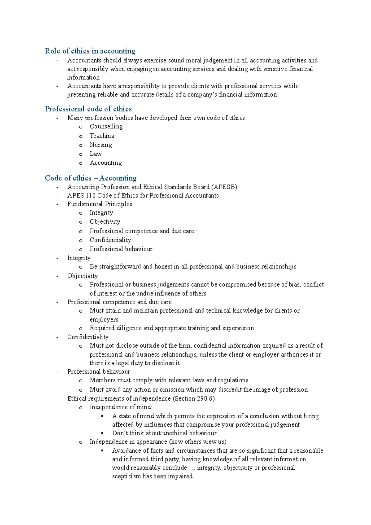 Lecture 5 - Notes - Role of ethics in accounting - Accountants should ...
