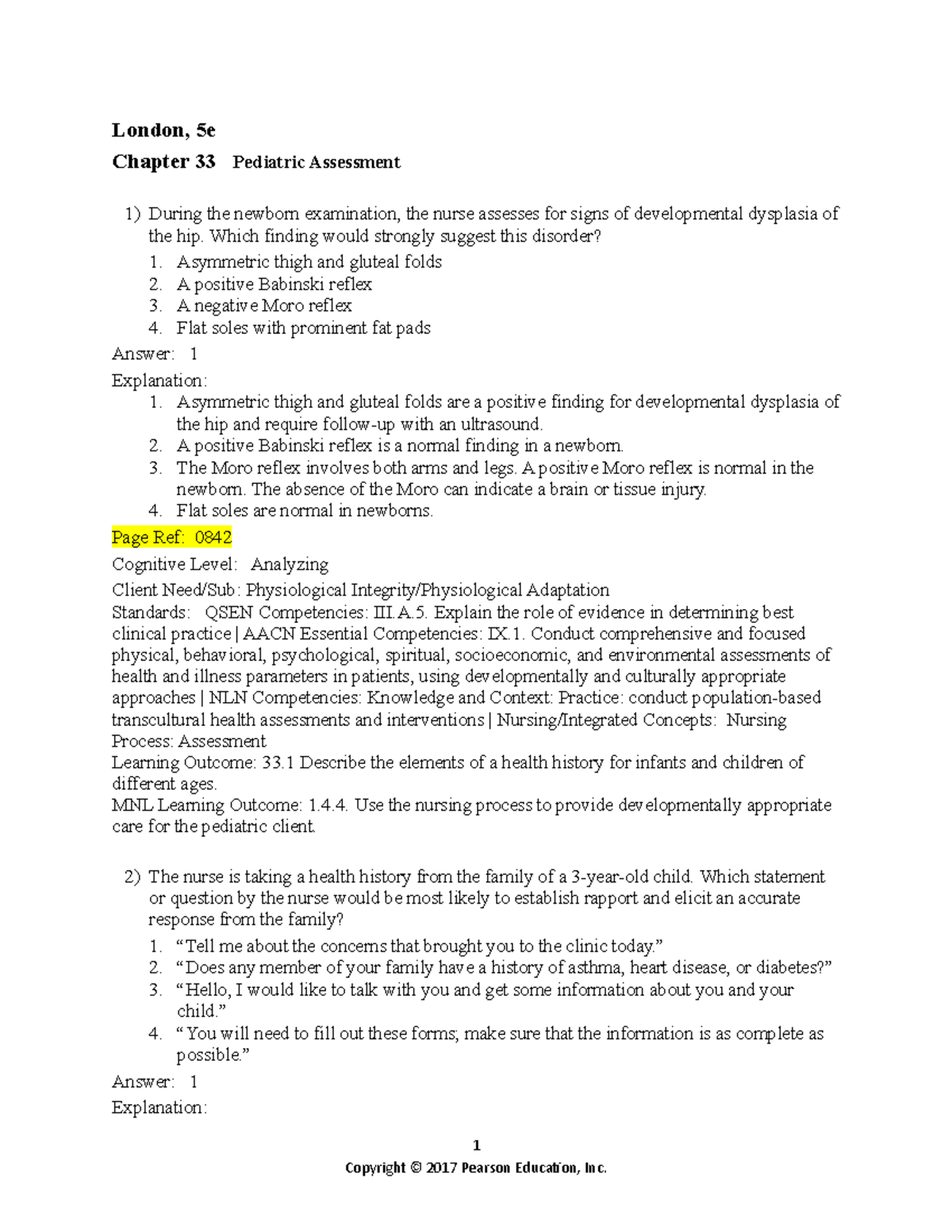 Nclex questions Pediatric Assessment London, 5e Chapter 33 Pediatric