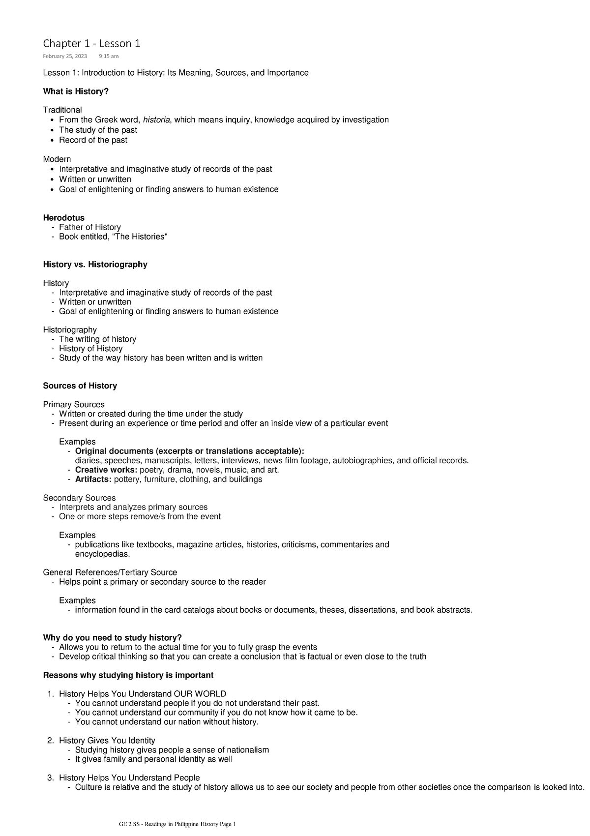 Ge 2 Ss - Readings In Philippine History - Lesson 1: Introduction To 