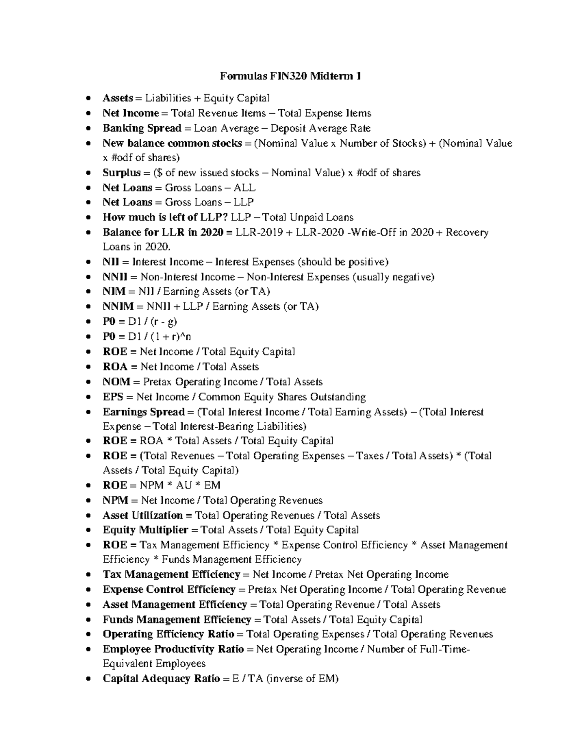 Midterm 1 Formulas FIN320 - Formulas FIN320 Midterm 1 Assets ...