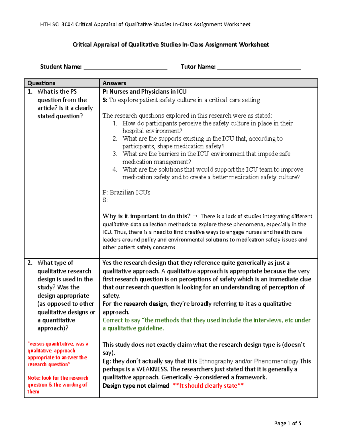 Worksheet for Critical Appraisal of Qualitative Studies - HTH SCI 3C04 ...