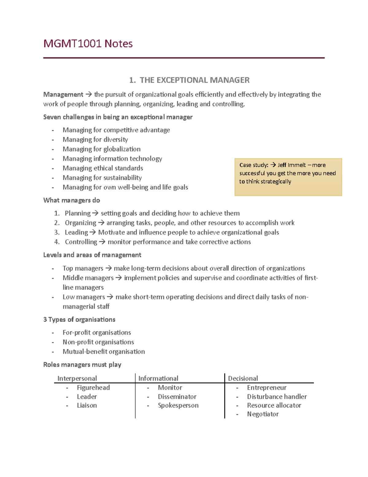 MGMT1001 Notes - THE EXCEPTIONAL MANAGER Management The Pursuit Of ...