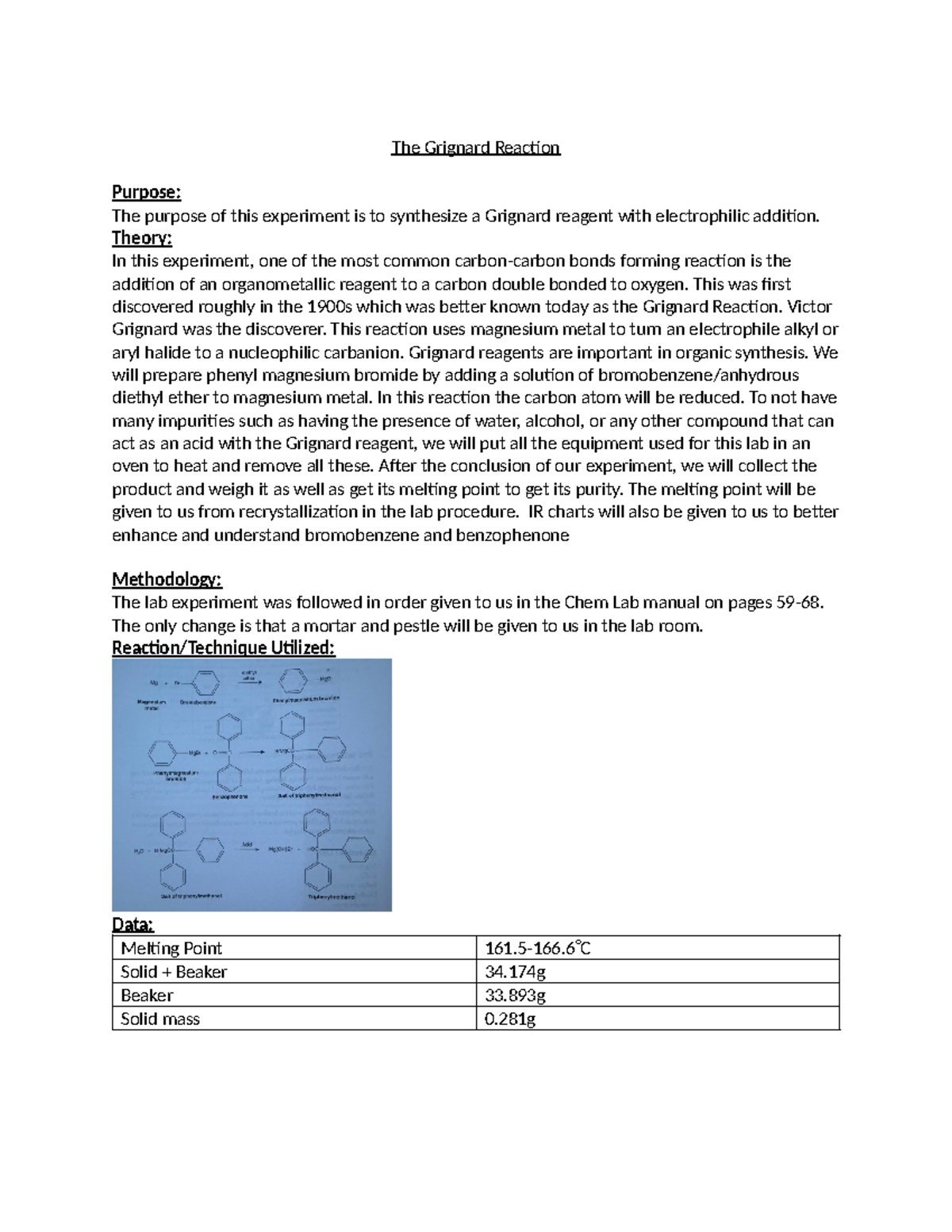 Grignard Reaction The Grignard Reaction Purpose The purpose of this