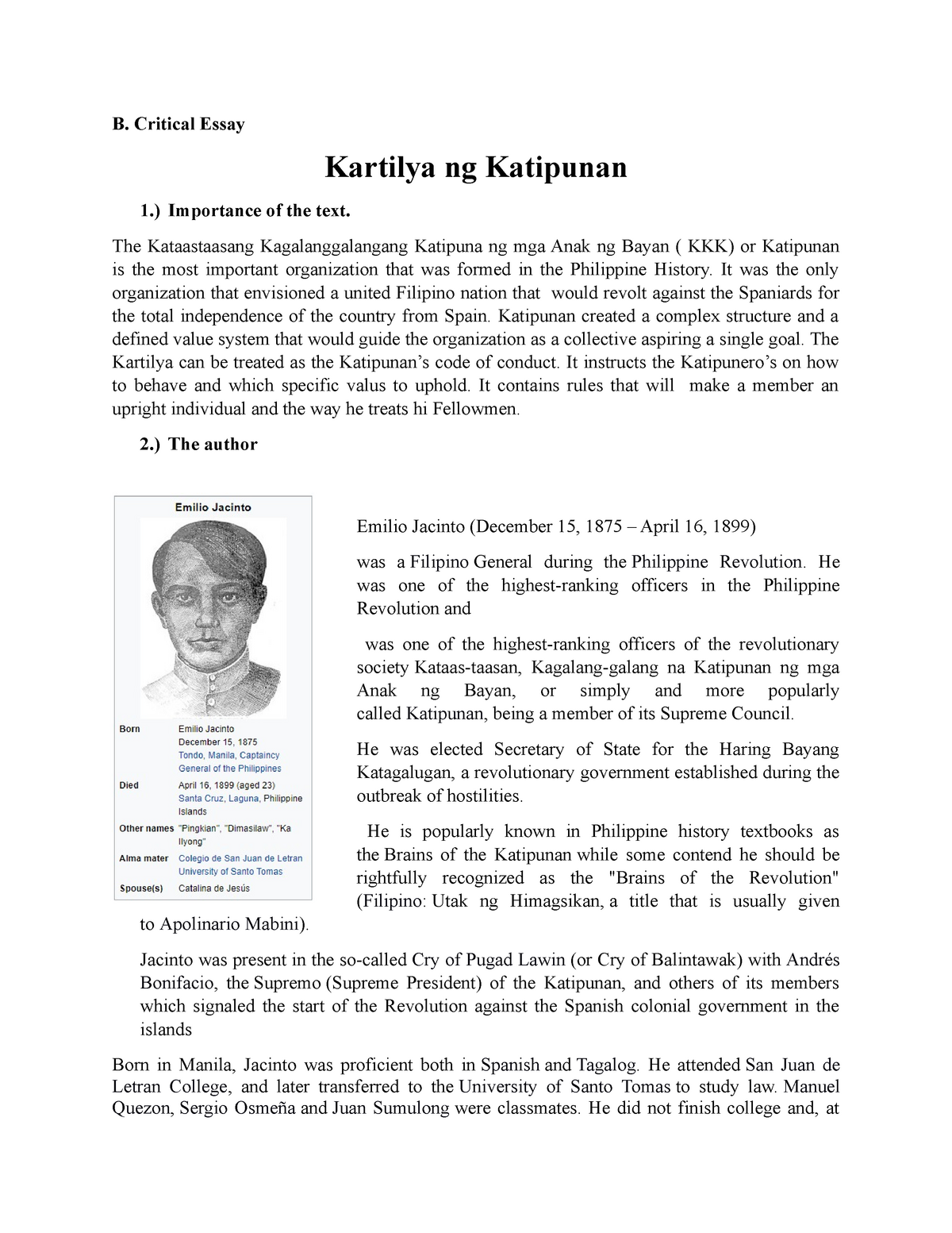 critical essay about kartilya ng katipunan pdf