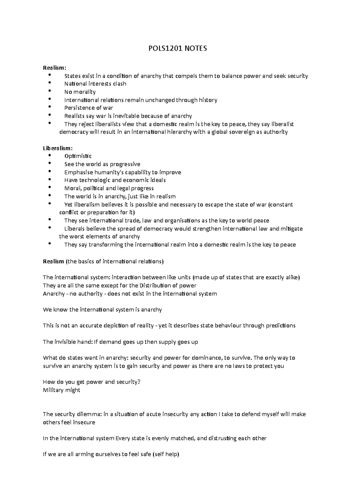 Lecture notes, lecture all - Lecturer: sarah percy - POLS1201 NOTES ...