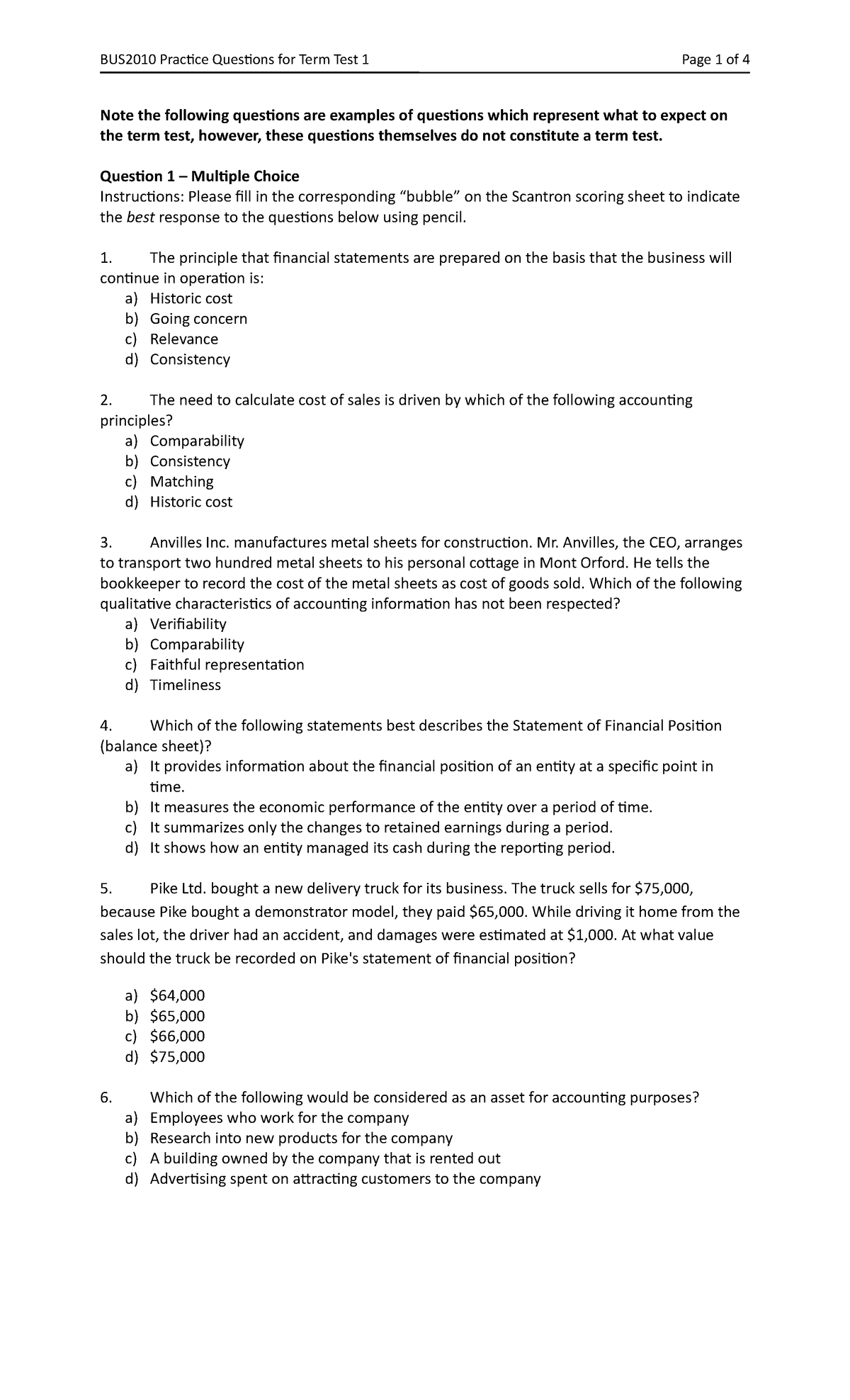 BUS2010 Practice term test 1 W22 - Note the following questions are ...