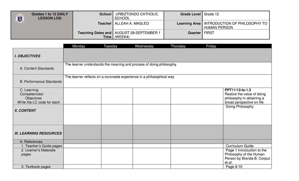 Dll August Week 4-philosophy - Grades 1 To 12 Daily Lesson Log School 