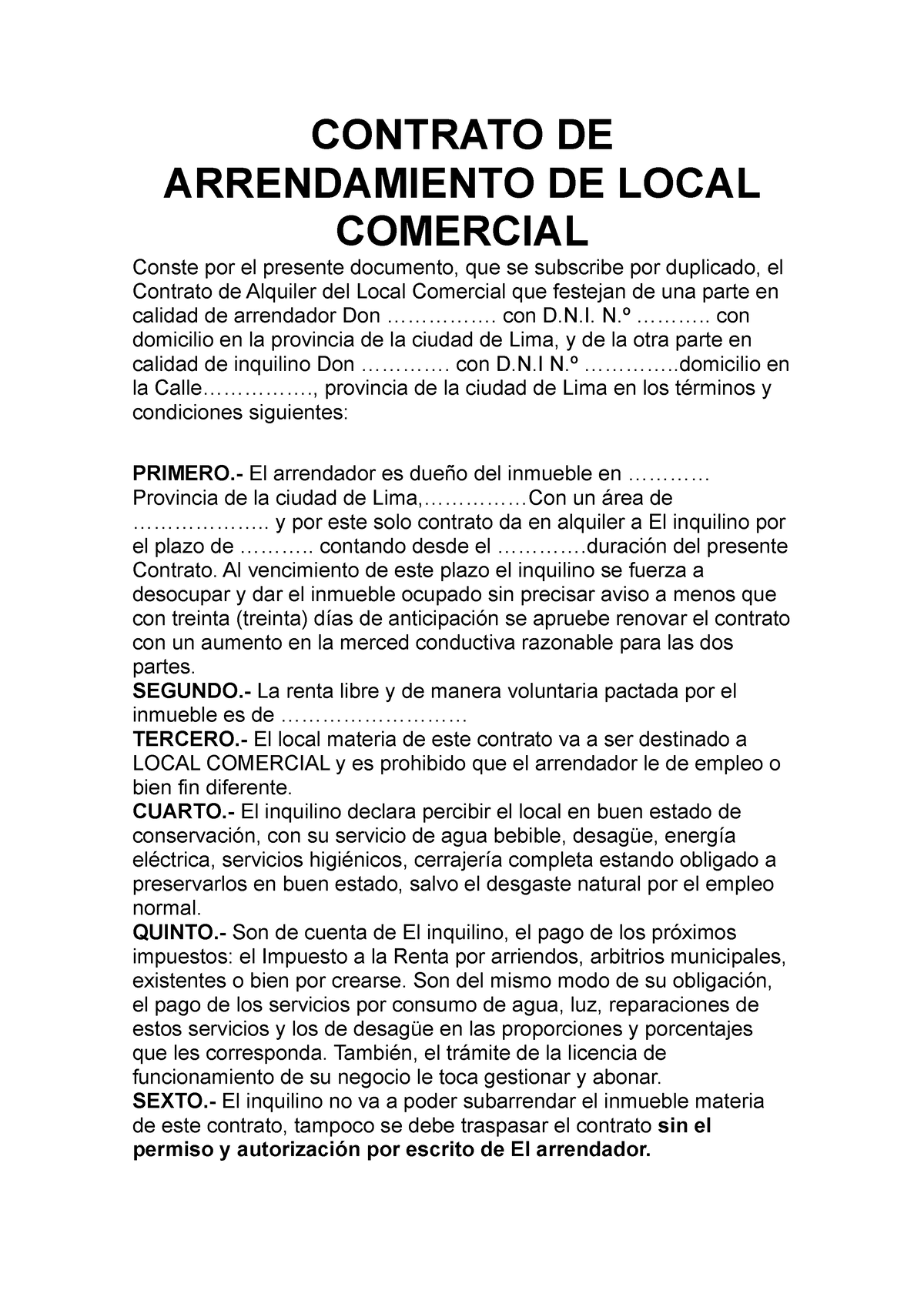 Modelo de contrato de alquiler de local simple - CONTRATO DE ARRENDAMIENTO  DE LOCAL COMERCIAL Conste - Studocu
