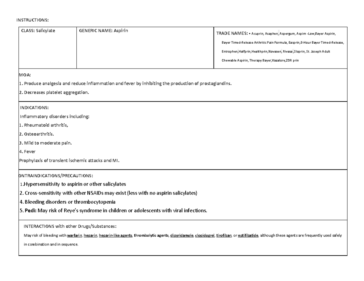 Med Card Aspirin INSTRUCTIONS CLASS Salicylate GENERIC NAME