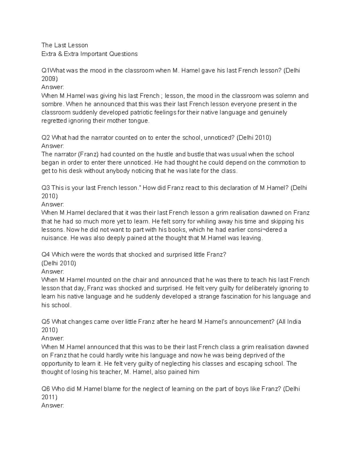 The Last Lesson-1 - NOTES - The Last Lesson Extra & Extra Important ...