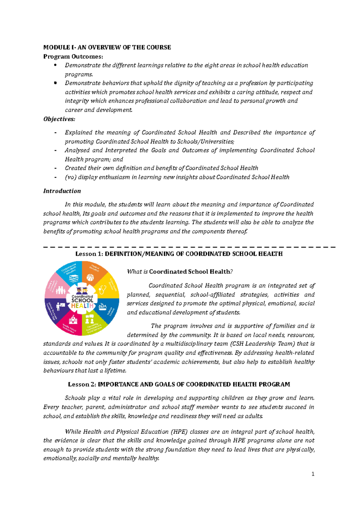 Module 1 - MODULE I- AN OVERVIEW OF THE COURSE Program Outcomes ...