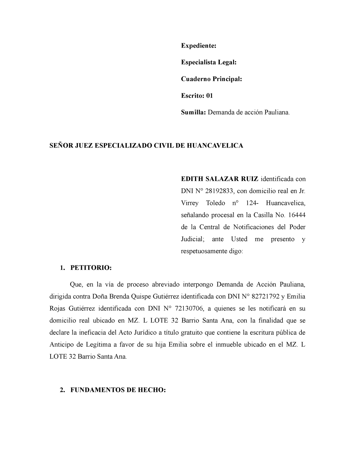 Demanda De Accion Pauliana Expediente Especialista Legal Cuaderno Principal Escrito 01 1676