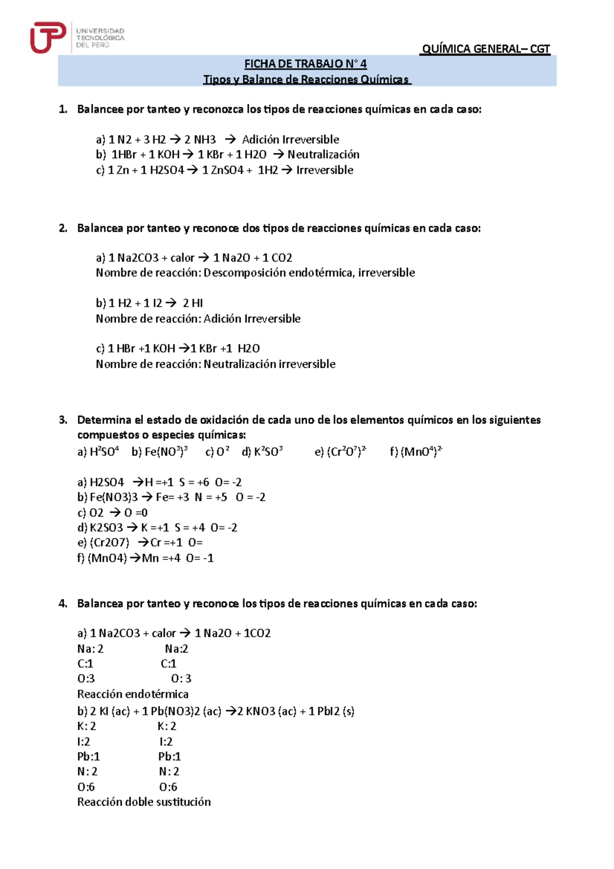 U S Ficha De Trabajo Ejercicios Sobre Tipos Y Balance De Reacciones