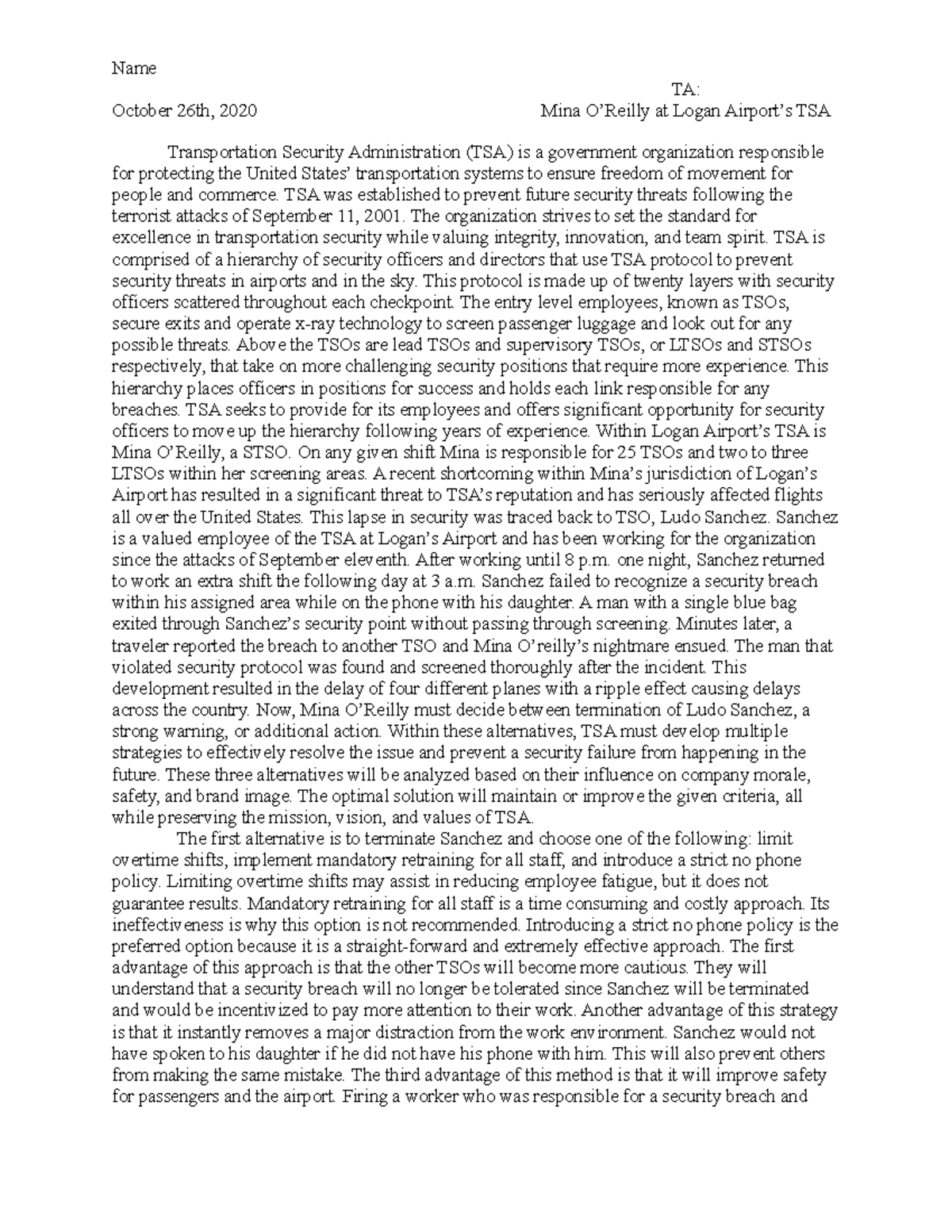 TSA Case Writeup - TA: October 26th, 2020 Mina O’Reilly at Logan ...