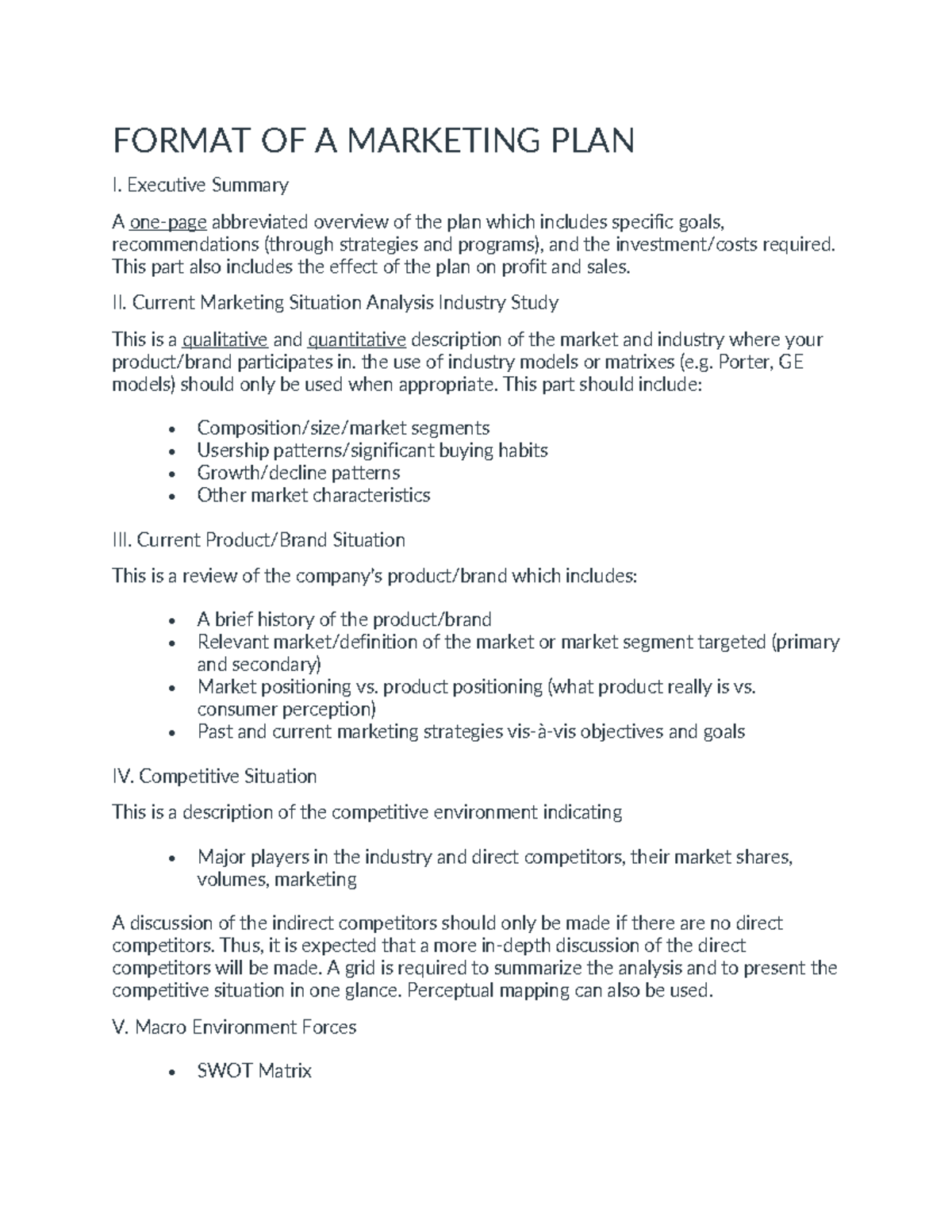 Fundamentals of Marketing - Format OF A Marketing PLAN - Management ...