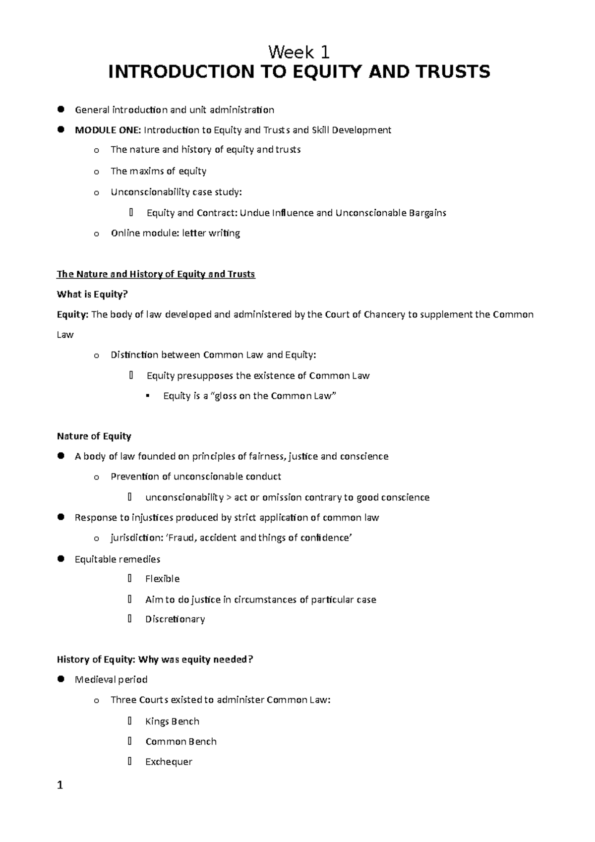 llb205 lecture notes - Week 1 INTRODUCTION TO EQUITY AND TRUSTS General ...