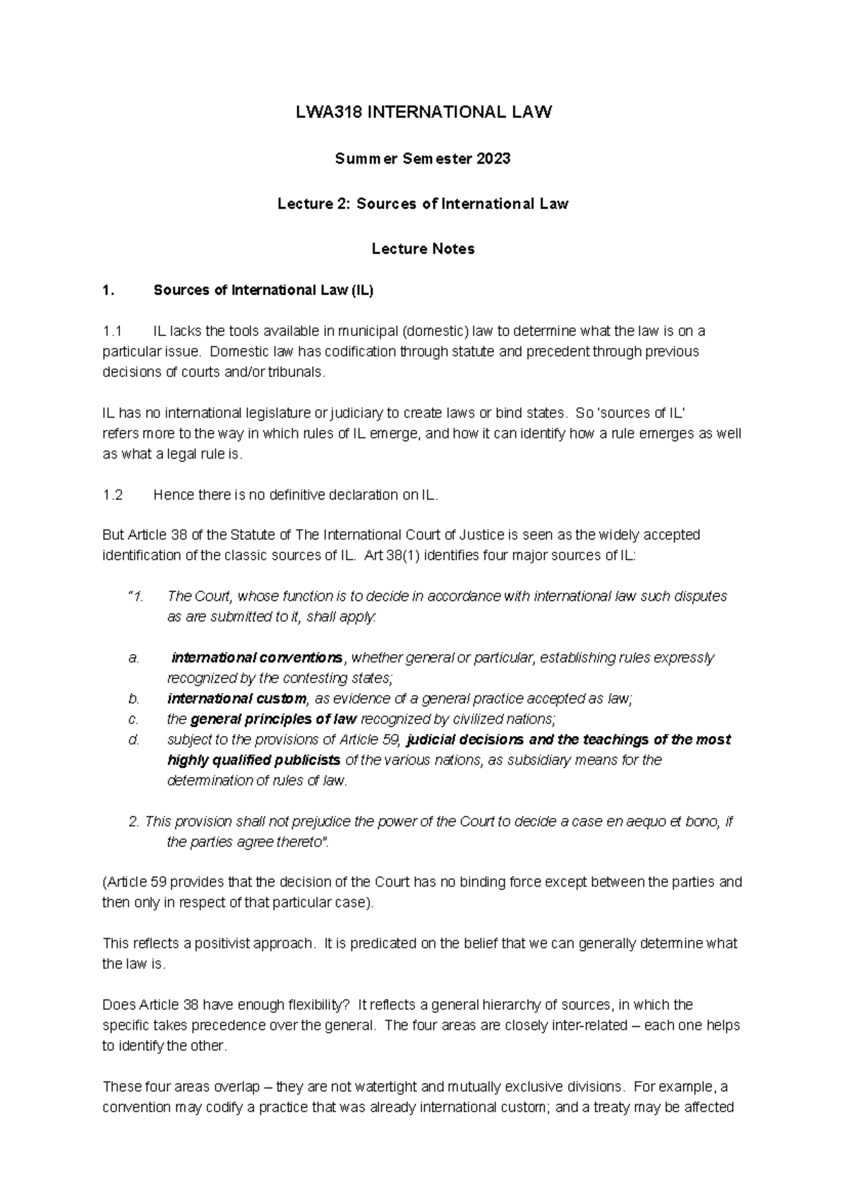 LWA321 Lecture 2 2023 Notes Sources of IL - LWA318 INTERNATIONAL LAW ...