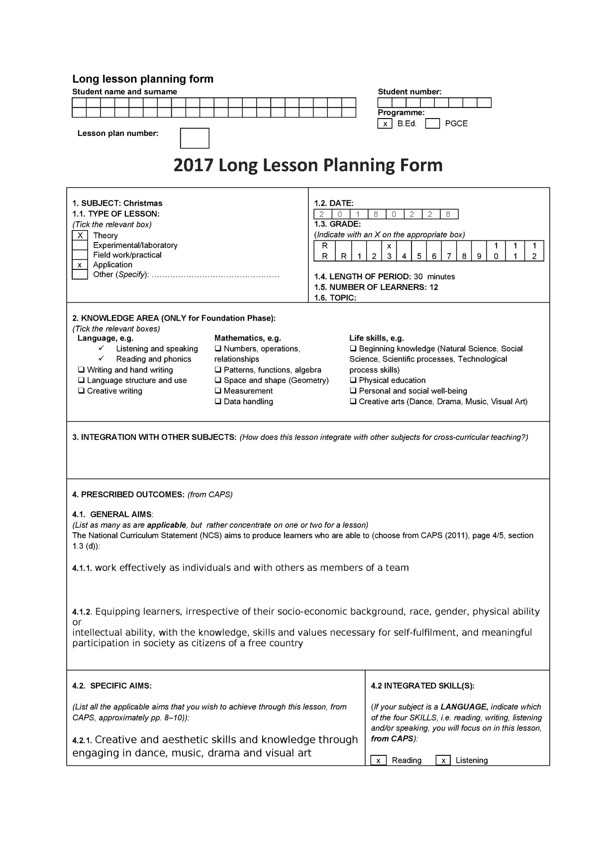 2017 Tuks Long Lesson Planning Form 4th Years And Pgce Studocu