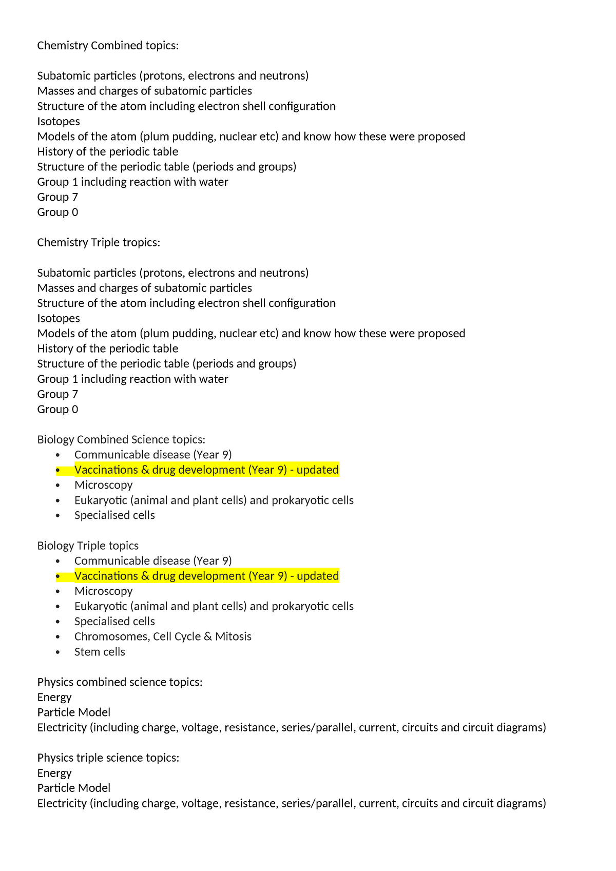 Yr10 november science test topic list - Chemistry Combined topics ...