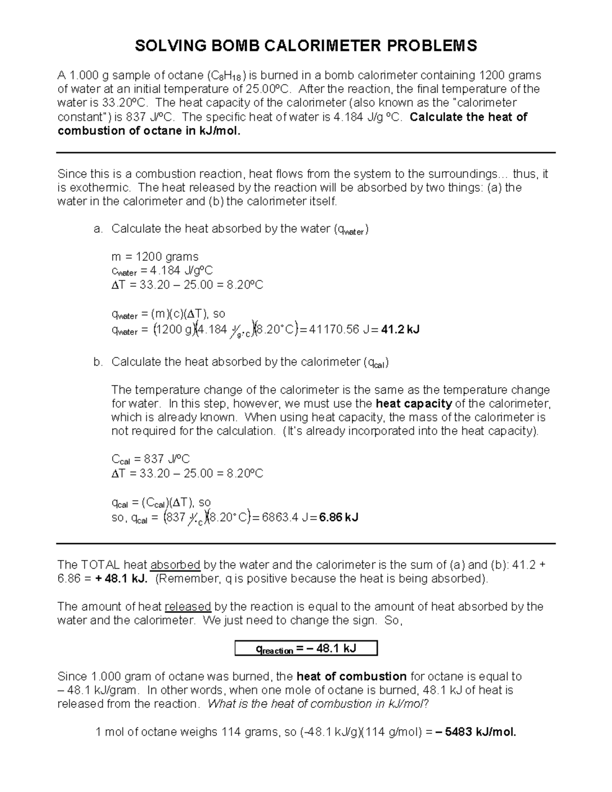 Bomb-calorimetry - AP Chemitry - SOLVING BOMB CALORIMETER PROBLEMS A 1 ...