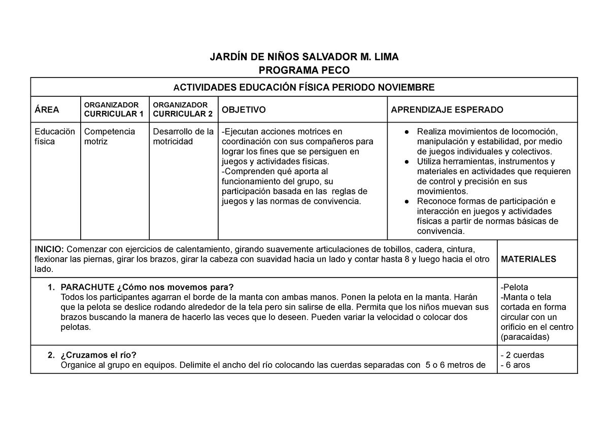 Planeaci N De Educaci N Fisica Noviembre Jard N De Ni Os Salvador M Lima Programa Peco