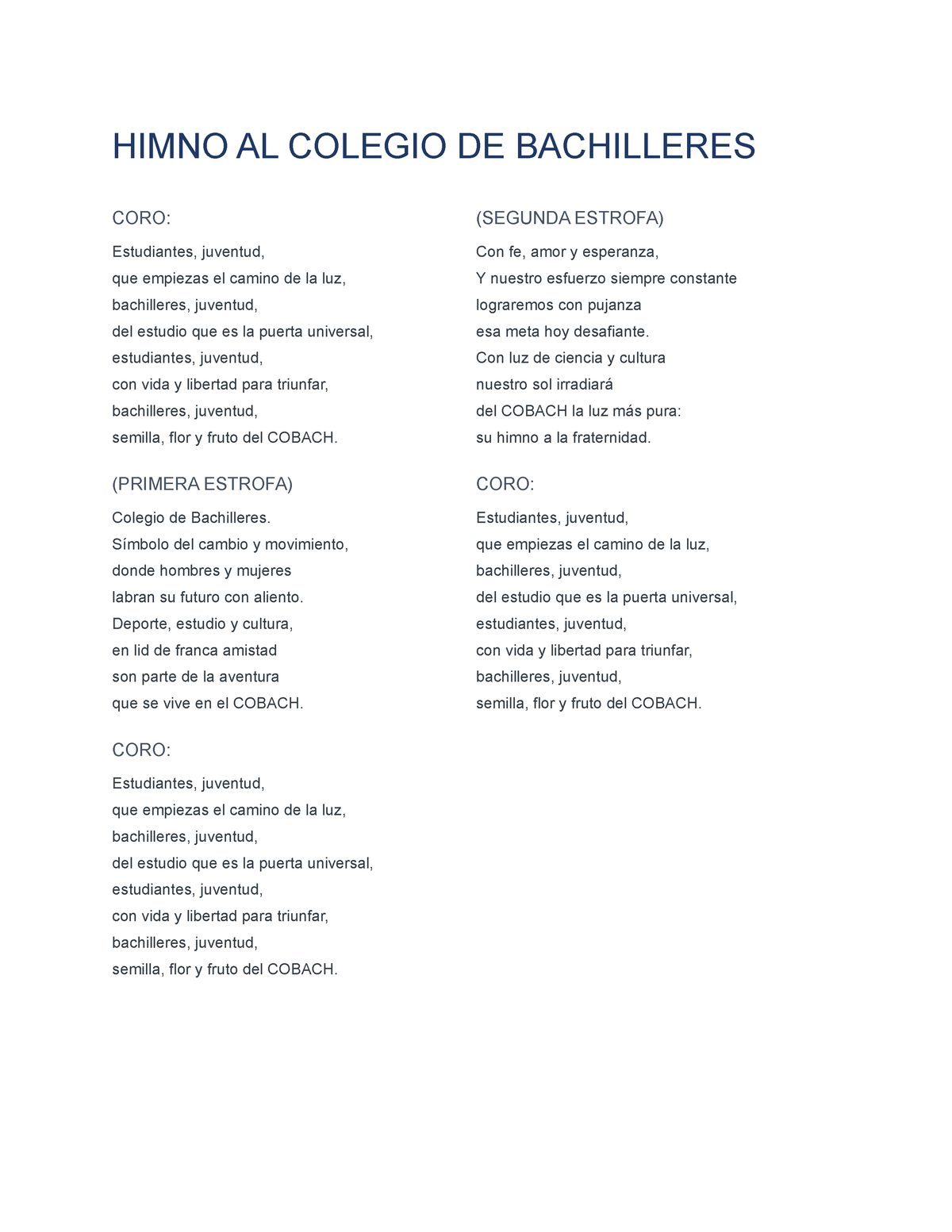 Himno Ueghdzedmk Himno Al Colegio De Bachilleres Coro Estudiantes