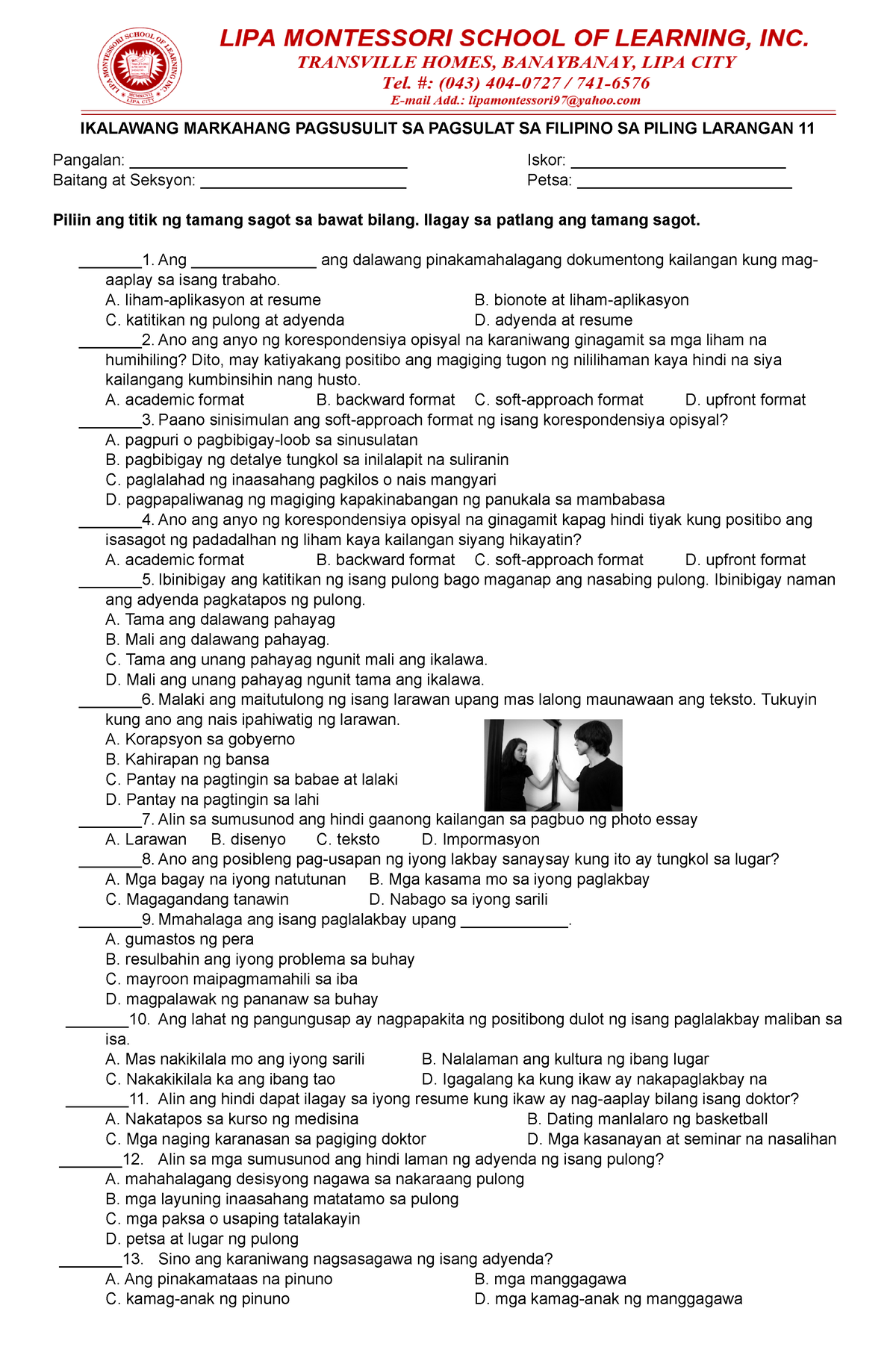 PFPL-Exam - Quarterly Exam - IKALAWANG MARKAHANG PAGSUSULIT SA PAGSULAT ...