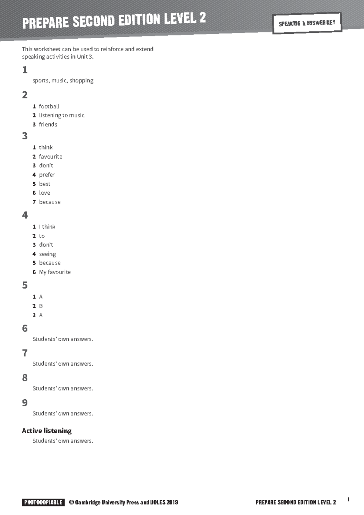 Prepare 2 Speaking answer key - PREPARE SECOND EDITION LEVEL 2 SPEAKING ...