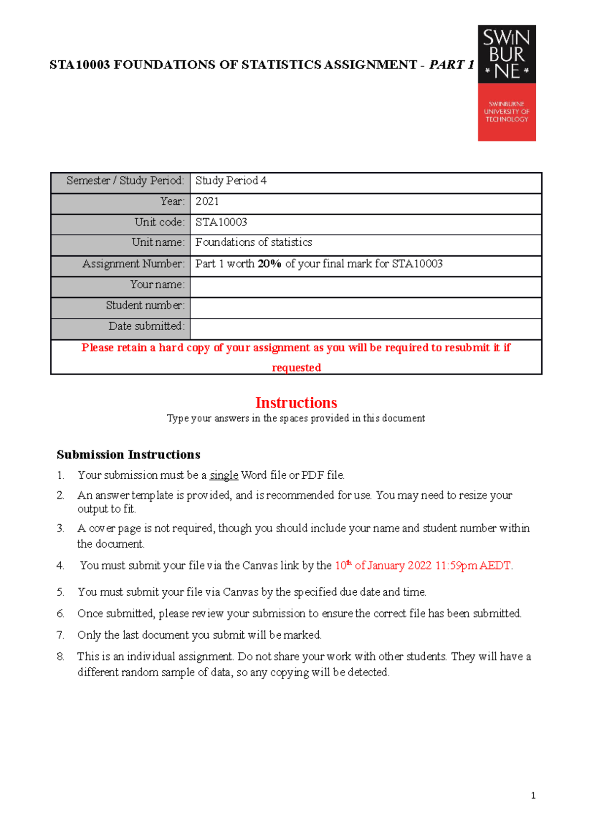 STA10003 Assignment Answer Template Part1 SP4 2021 - STA10003 ...