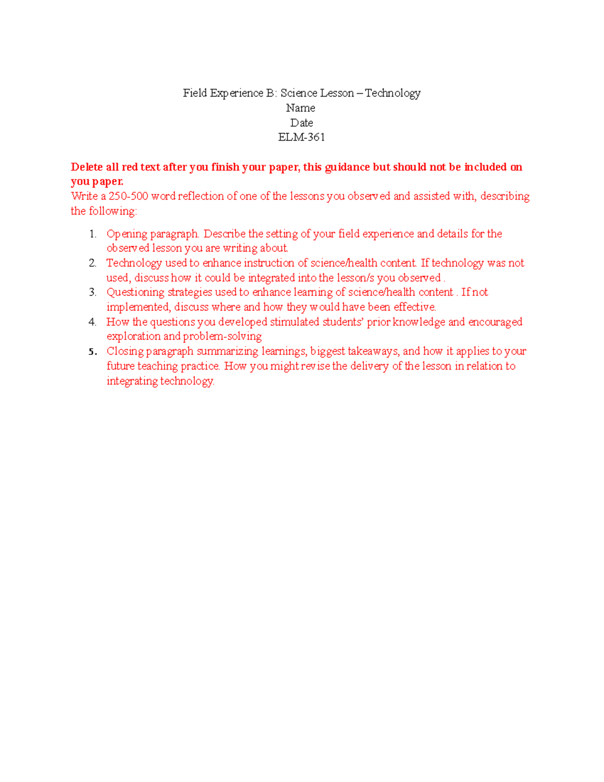 Field Expereince B Template - Field Experience B: Science Lesson ...