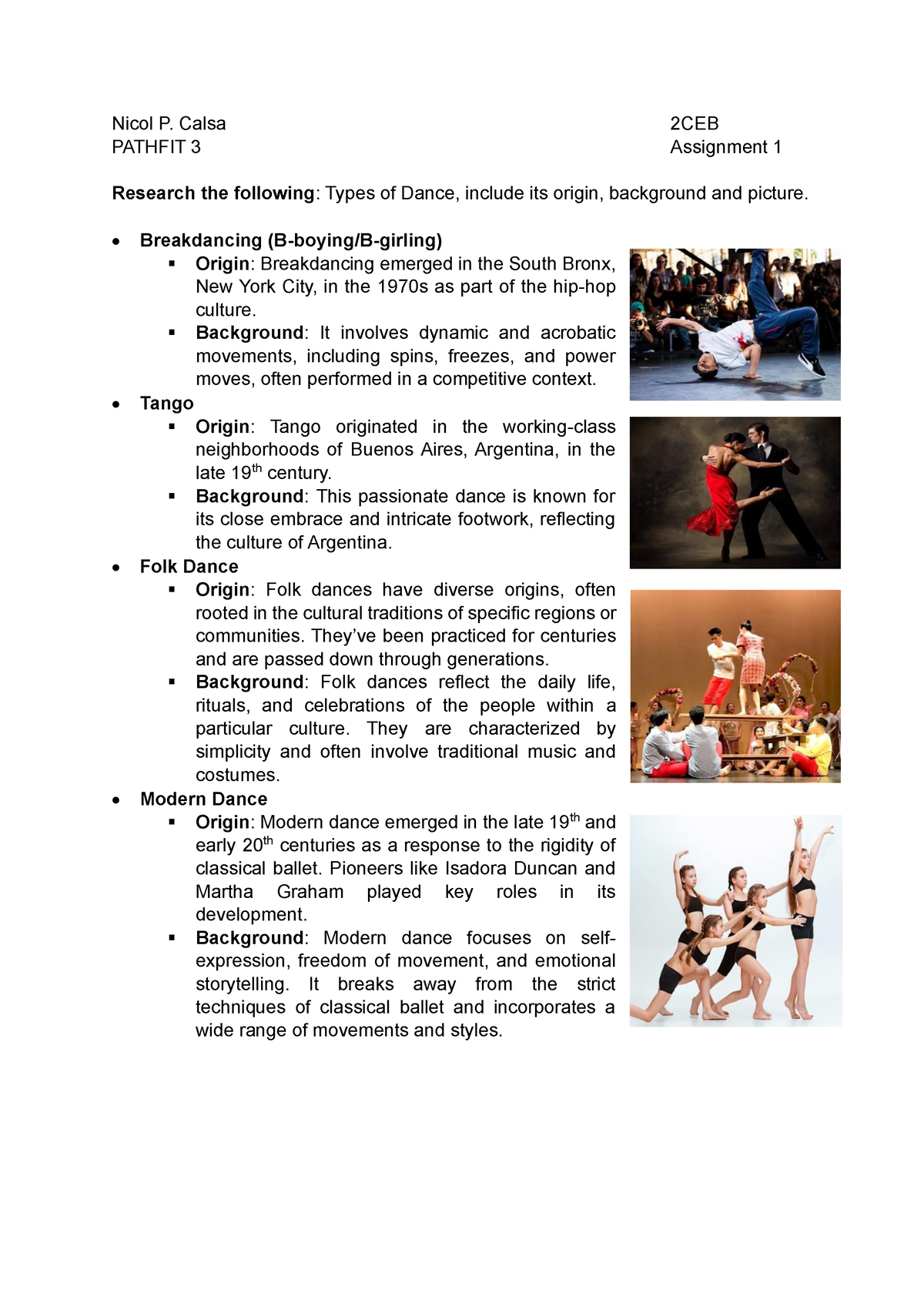 PathFit 3 (Types Of Dances) - Nicol P. Calsa 2CEB PATHFIT 3 Assignment ...