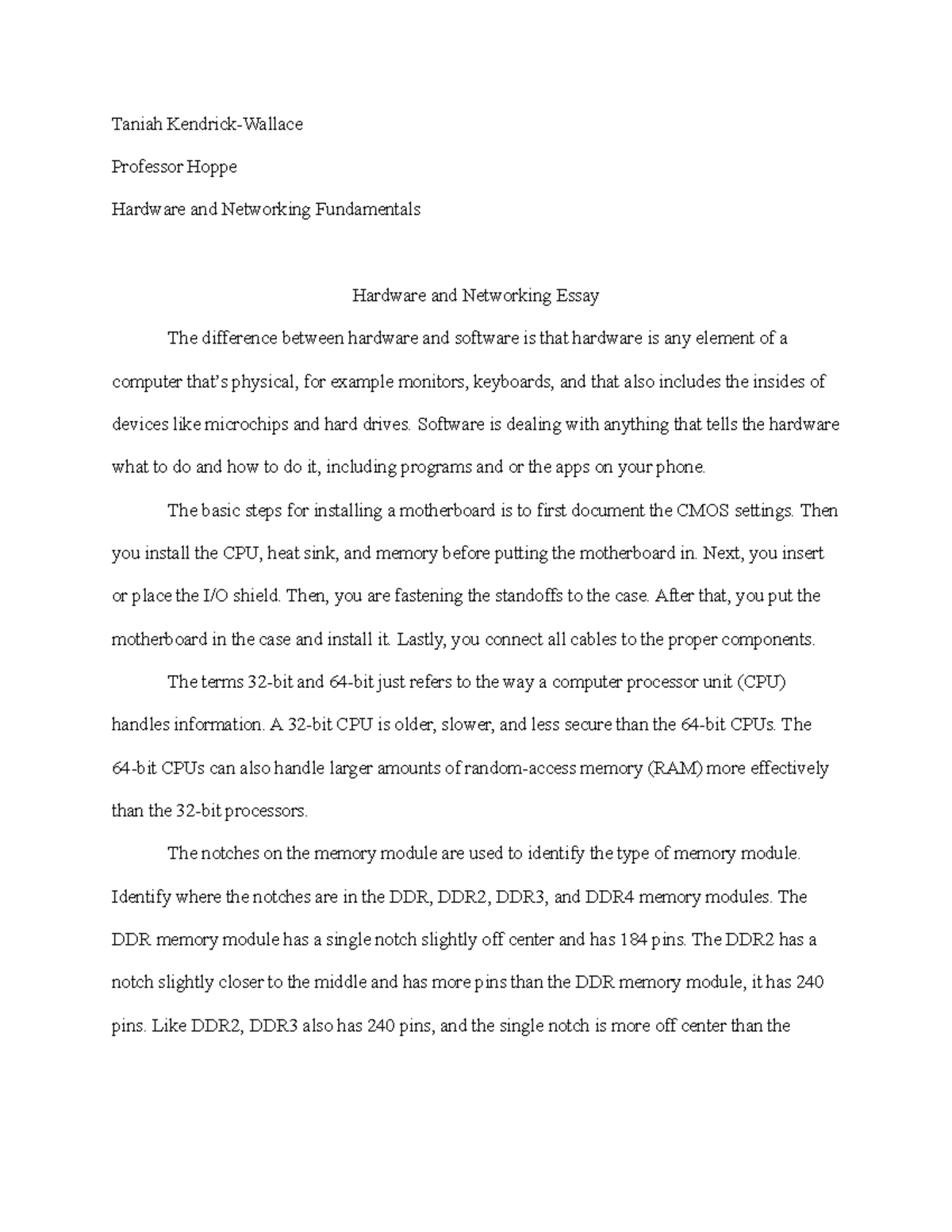 Hardware and Networking Technology Essay KendrickWallace Taniah